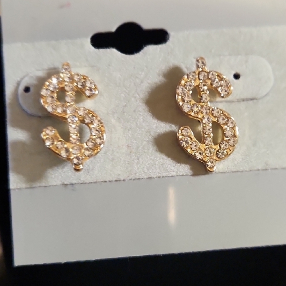 Rhinestone and Gold Tone Dollar Sign Earrings
